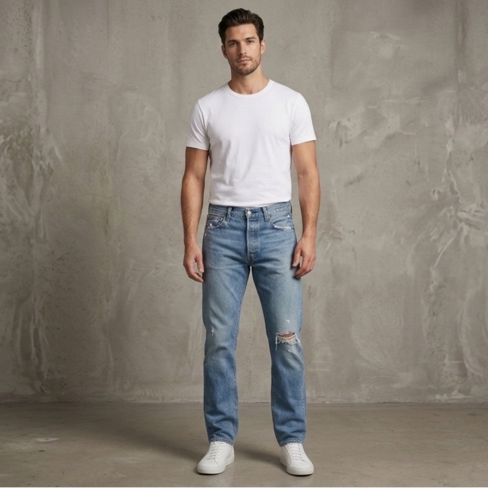 Levis 501 Original Fit Jeans Mens 36x32 Blue Light Wash Distressed Button Fly